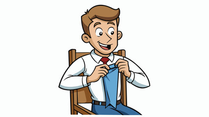 Poster - Posing for a portrait A man sits in a wooden chair in front of a blank white background. He adjusts his position and straightens his buttonup shirt as. Cartoon Vector.