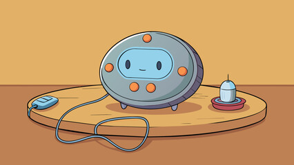 Aufkleber - Resting on the table was a small round device that emitted a soft pulsating light. It had a flat surface with a series of buttons and a small screen. Cartoon Vector.