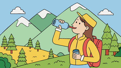 Aufkleber - She reached into her backpack and pulled out a full water bottle unscrewing the cap to take a refreshing sip. The cool liquid rushed down her throat. Cartoon Vector.