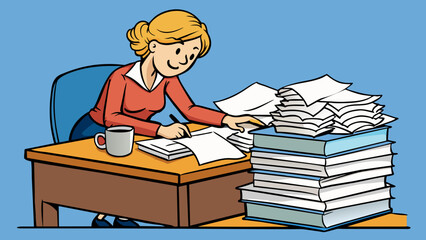 Poster - She shuffled through the pile of papers on her desk until finally finding the one she needed. Its crisp white surface was now creased and wrinkled. Cartoon Vector.