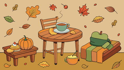 Wall Mural - September As autumn begins this illustration depicts a cozy scene with warm tones. A rustic wooden table is set with a steaming cup of tea a bowl of. Cartoon Vector.