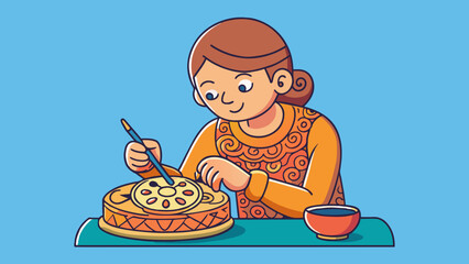 Poster - She carefully used the blade to intricate designs into the smooth soft clay creating a delicate piece of pottery.. Cartoon Vector.