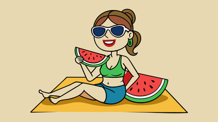 Poster - Sitting on a beach towel with her toes buried in the sand a carefree woman in a crochet and oversized sunglasses smiles contentedly as she takes a. Cartoon Vector.