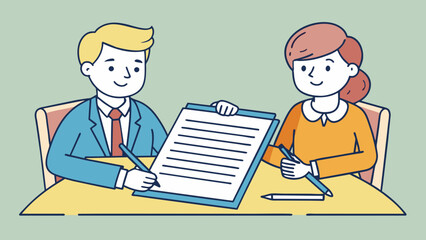 Poster - Signing a contract Two individuals sitting at a table with a document p in front of them. They are both holding a pen and appear to be reading the. Cartoon Vector.