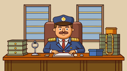 Poster - Sitting behind a large wooden desk the officers office is a reflection of his organized and detailoriented personality. The desk is adorned with. Cartoon Vector.