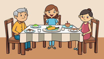 Poster - Sitting at the dinner table A family sits around a wooden table with four matching chairs. The table is set with a white tablecloth silver utensils. Cartoon Vector.