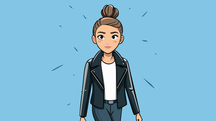 Poster - She walked into the room with confidence her sleek black leather jacket dd over her shoulders and her hair styled in a messy bun with a few strands. Cartoon Vector.