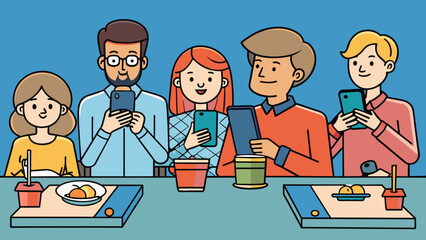 Fototapete - Since the invention of smartphones people seem to be more glued to their screens than ever. Its rare to see a group of friends at a restaurant without. Cartoon Vector.
