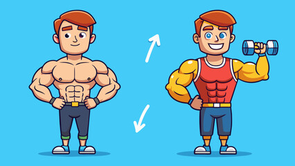 Poster - Since starting his workout routine a few months ago Tim has begun to notice a change in his body. His biceps and triceps have become more defined and. Cartoon Vector.