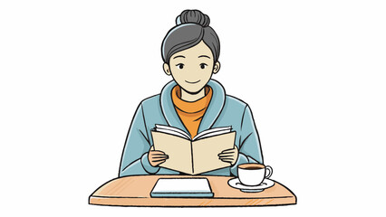 Poster - Sitting at a cafe a woman in her 30s was engrossed in a book occasionally sipping from a steaming cup of tea. She had long dark hair pulled back in a. Cartoon Vector.