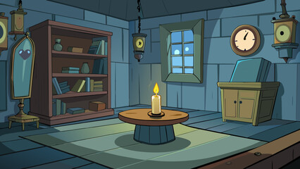 Poster - Since the clock struck midnight the room has been bathed in darkness save for the flickering candle on the table. Shadows dance along the walls and. Cartoon Vector.