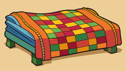 Aufkleber - Standing tall at the foot of the bed the bring is a woven blanket with intricate patterns and vibrant colors. It is soft to the touch and has a warm. Cartoon Vector.