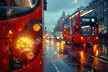 Wall Mural - A red bus with the number 5270 on the front is driving down a wet street