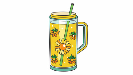 Poster - Sunny Sipper A tall clear glass with a handle and a lid designed to be used for drinking cold beverages. It has a yellow sun and colorful flowers. Cartoon Vector.