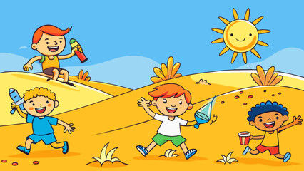 Poster - Summer The sun beats down on the golden sand dunes making the shimmering waves of the ocean look inviting and refreshing. The scent of sunscreen and. Cartoon Vector.
