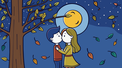 Fototapete - Stolen Kisses Two figures huddled behind a tree their faces illuminated by the moonlight as they share a tender and forbidden kiss. The leaves rustle. Cartoon Vector.