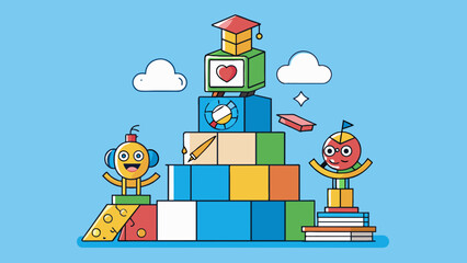 Aufkleber - Teaching is like a set of building blocks providing a strong foundation for growth and development. With each new concept the blocks stack higher and. Cartoon Vector.