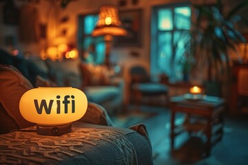Poster - A lamp with a white base and a white light bulb sits on a couch