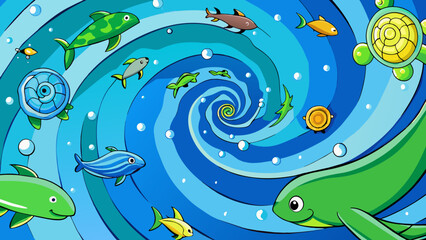 Wall Mural - Swirling patterns of blue and green dance across the surface of the sea evidence of a vibrant world hidden below. Schools of colorful fish dart to and. Cartoon Vector.