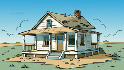 Poster - The abandoned farmhouse was ly standing its peeling paint and crumbling walls telling tales of neglect. The front porch was ly attached and swayed in. Cartoon Vector.