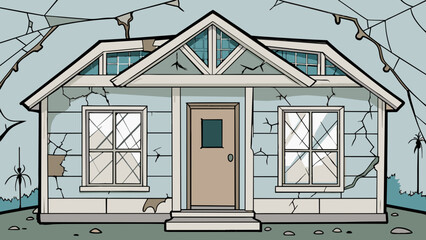 Poster - The abandoned house stood tall its oncewhite paint now faded and chipping away. As I peered through the broken window I could see cobwebs covering the. Cartoon Vector.