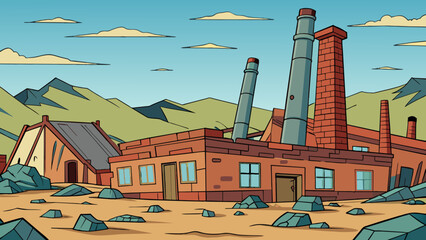 Aufkleber - The abandoned factory loomed over the barren landscape its smokestacks standing tall but motionless. The windows were shattered and the roof had caved. Cartoon Vector.