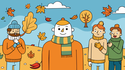 Poster - The air becomes crisp and cool often accompanied by an earthy musty smell. Sweaters and scarves begin to make an appearance as people embrace the. Cartoon Vector.