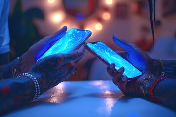 Poster - Two people are holding cell phones with blue screens