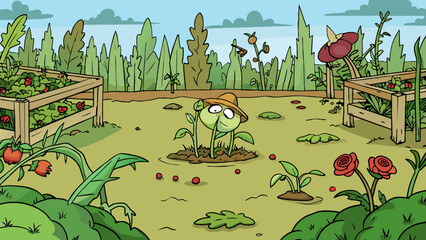 Poster - The abandoned garden had once been a previous source of pride now overgrown with weeds and forgotten its wilted flowers and neglected vegetables a sad. Cartoon Vector.