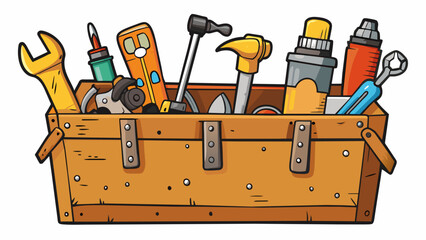 Aufkleber - The battered toolbox was covered in scratches and rust patches but still held a variety of tools such as hammers screwdrivers and pliers all wellused. Cartoon Vector.