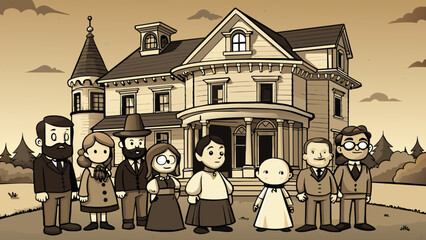 Poster - The black and white photograph showed a group of people in outdated clothing posing stiffly in front of a Victorian style house. The sepia tones. Cartoon Vector.