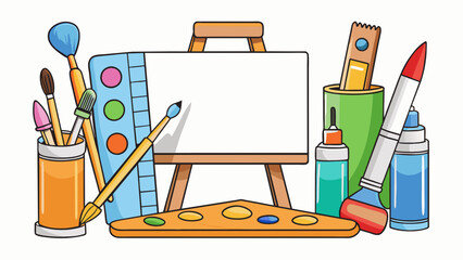 Poster -  The art set contains essential tools for painting. It includes multiple paintbrushes of different sizes and shapes for various techniques. The set. Cartoon Vector.