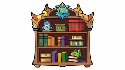 Aufkleber - The bookshelf was made of dark sy wood and had multiple shelves each holding a collection of books. The edges were ornately carved and a small dragon. Cartoon Vector.