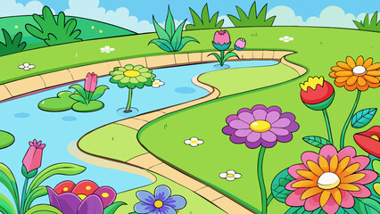 Poster - The aspect of a flower garden is colorful and vibrant with a variety of blooms in different shapes and sizes. The grass is wellmanicured and the paths. Cartoon Vector.