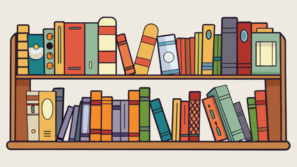 Sticker - The bookshelf was overflowing with books of all shapes and sizes each one seeming to have a story of its own. Dogeared pages and creased spines spoke. Cartoon Vector.