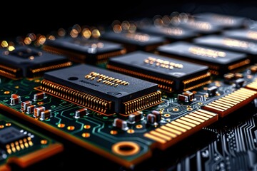 Poster - A close up of a computer chip board with many small chips on it