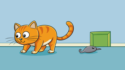 Poster - The cat crouched low its eyes narrowed towards the unsuspecting mouse scurrying across the kitchen floor. Its tail flicked with anticipation as it. Cartoon Vector.