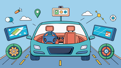 Fototapete - The car was fully equipped with all the latest safety features including blind spot monitoring lane departure warning and adaptive cruise control. It. Cartoon Vector.
