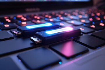 Poster - A keyboard with a blue and red USB flash drive on it