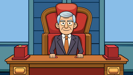 Poster - The chairman sat at the head of the long polished table his posture tall and confident. His leather chair was adorned with a high back and armrests. Cartoon Vector.