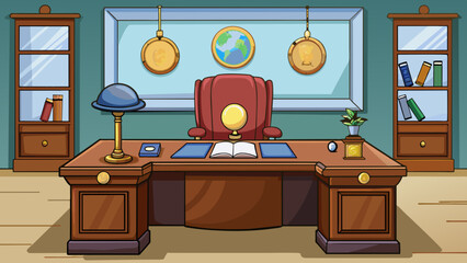 Poster - The chairmans office was decorated with dark wood furniture symbolizing stability and tradition. His desk was organized and neat with a small globe. Cartoon Vector.