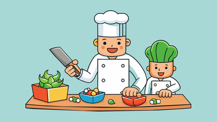 Poster - The cooking class involved using a sharp knife to chop various vegetables into small cubes. The knife had a wooden handle and a silver blade with a. Cartoon Vector.