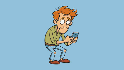 Poster -  The concerned man is wearing a wrinkled shirt and his hair is disheveled from running his hands through it repeatedly. He keeps glancing at his phone. Cartoon Vector.