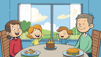 Poster - The cool morning air danced through the open windows carrying with it the sound of childrens laughter and the smell of pancakes cooking. The family. Cartoon Vector.