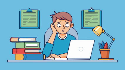 Poster -  The concerned student has a pile of books and papers in front of them and their face is scrunched up in concentration and worry. They glance at their. Cartoon Vector.