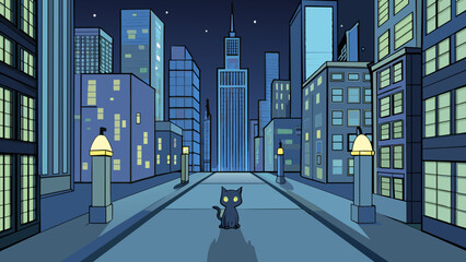 Poster - The city was shrouded in a blanket of darkness broken only by the glowing windows of skyscrs and the occasional passing car. The streets were deserted. Cartoon Vector.
