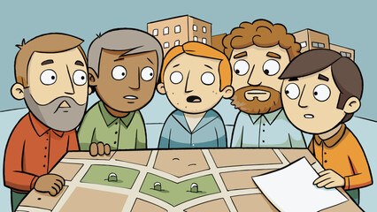 Poster -  The concerned friends have furrowed brows and are speaking in hushed tones as they huddle over the worn map. Their fingers trace the streets and. Cartoon Vector.