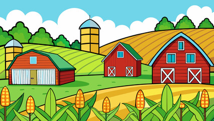 Aufkleber - The county is filled with charming wooden barns each with a unique color and pattern of peeling paint dotting the landscape a the vibrant green fields. Cartoon Vector.