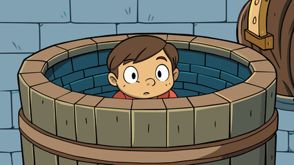 Aufkleber - The curious child peered within the deep mysterious well. Its walls were rough and slick with moisture and the sound of dripping water echoed from. Cartoon Vector.