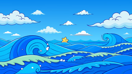 Poster - The deep alluring blue of the ocean with its vastness and everchanging waves evokes a sense of calmness and tranquility.. Cartoon Vector.